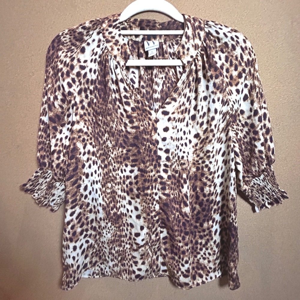 Worthington Womens Leopard Print V Neck 3/4 Sleeve Blouse Size S